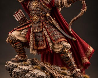 Könnte beinhalten: Eine detaillierte Figur eines Bogenschützen in verzierter rot-brauner Rüstung mit Pelzbesatz, der einen Bogen spannt. Die Figur trägt einen Helm mit Pferdeschwanz, steht auf einem felsigen Sockel und hat ein Schwert an der Hüfte.