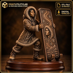 May include: A bronze-toned 3D printable digital file design featuring a figure in a fur-trimmed parka holding a tall rectangular panel. The panel displays a relief carving of a face, snowflakes, and mountains. The base is circular and wooden.