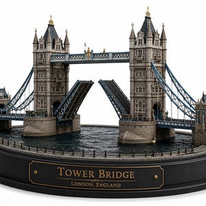 Może przedstawiać: Szczegółowy model w skali Tower Bridge w Londynie, w Anglii, z dwiema wieżami w kolorze kamienia, niebieskimi linami nośnymi i centralnym mostem zwodzonym w pozycji otwartej. Model stoi na okrągłej czarnej podstawie z tabliczką z napisem Tower Bridge, London, England.