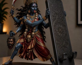 Könnte beinhalten: Eine dunkelblaue, mehrarmige Gottheiten-Figur mit rotem Rock, Totenkopfkette und Krone, die eine geschwungene Klinge und einen abgetrennten Kopf hält. Die Figur steht auf einem Holzsockel neben einem hohen, rechteckigen, dunkelgrauen Handyhalter.