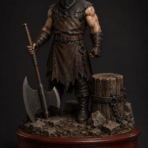 May include: A detailed figurine of a hooded executioner wearing a dark brown leather apron and gauntlets, holding a large double-bladed battle axe. The figure stands on a rocky base next to a wooden stump with a metal chain, all on a wooden pedestal.