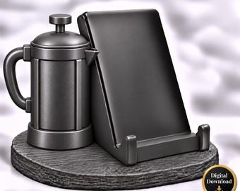 Könnte beinhalten: Ein mattschwarzes Schreibtisch-Accessoire bestehend aus einer French Press Kaffeebereiter-Einheit und einem Tablet- oder Handyhalter auf einem runden, strukturierten Sockel. Ein kleines rundes Abzeichen unten rechts zeigt den Text Digital Download.