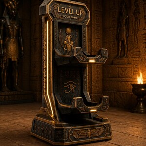 以下が含まれることがあります： エジプトをテーマにしたデザインの黒と金のゲームコンソールスタンド。「LEVEL UP YOUR GAME」の文字と、ホルス神の目の画像が特徴です。ゲームアクセサリーを収納できる2つのレベルがあります。