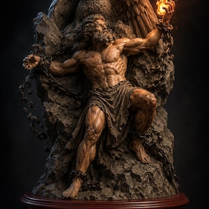 May include: A brown-toned sculpture depicting a muscular figure with a beard, draped in fabric, chained to a jagged rock formation. An eagle is perched behind the figure, while a small, glowing flame is held in the figure's raised left hand.