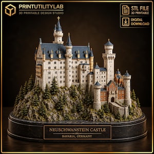 Op de afbeelding: Een 3D-printbaar digitaal model van kasteel Neuschwanstein in Beieren, Duitsland. Het miniatuurkasteel heeft witte stenen muren, blauwe daken en torens op een rotsachtige, beboste basis met een plaquette: NEUSCHWANSTEIN CASTLE.