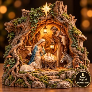 May include: A nativity scene figurine set inside a hollowed tree trunk with moss and ivy. It features Mary, Joseph holding a lantern, and the infant Jesus in a manger. An ox, a donkey, and a sheep are present. A star sits at the top. Text reads Digital Download.