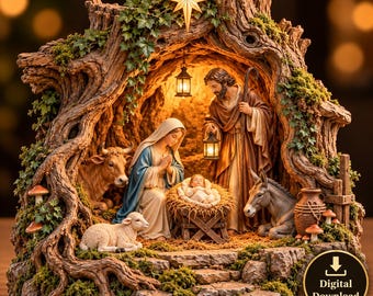 Könnte beinhalten: Eine Krippenszene in einem hohlen Baumstamm mit Moos und Efeu. Dargestellt sind Maria, Josef mit einer Laterne und das Jesuskind in einer Krippe. Ein Ochse, ein Esel und ein Schaf sind ebenfalls zu sehen. Ein Stern krönt den Baum. Der Text lautet Digital Download.