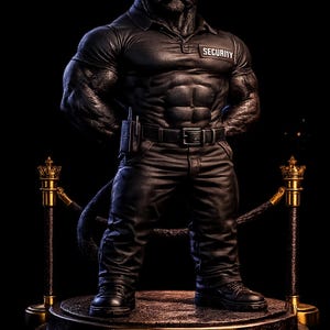 May include: A muscular panther figurine dressed as a security guard wearing sunglasses, a black polo shirt with the text SECURITY, and black pants. The figure stands on a circular base with the text VIP ONLY, flanked by two gold stanchions.