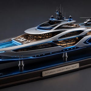 Könnte beinhalten: Ein maßstabsgetreues Modell einer silber-schwarzen Megayacht mit blauer LED-Akzentbeleuchtung, mehreren Decks, einem Hubschrauberlandeplatz mit kleinem Hubschrauber und einem Pool am Bug. Ein Schild auf dem Sockel trägt die Aufschrift FUTURISTIC CONCEPT MEGA YACHT.