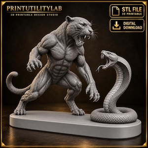 May include: A grey 3D printable digital file featuring a muscular anthropomorphic panther in a crouched, aggressive stance facing a coiled cobra with an open mouth, both mounted on a smooth oval base with text reading PRINTUTILITYLAB.