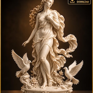 Può includere: Un file digitale STL stampabile in 3D di una scultura classica raffigurante una figura in piedi drappeggiata in tessuto fluido, affiancata da due colombe bianche appollaiate su basi rocciose con rose. La base è circolare e finemente decorata.