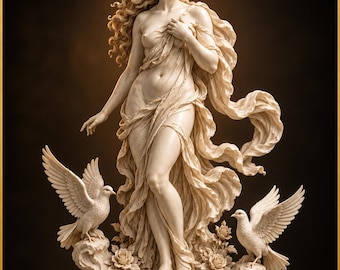 May include: A digital 3D printable STL file of a classical sculpture featuring a standing figure draped in flowing fabric, flanked by two white doves perched on rocky bases with roses. The base is circular with ornate carved detailing.