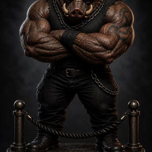 May include: A muscular anthropomorphic boar figure with brown fur, wearing black sunglasses, a black sleeveless shirt, black pants with a chain, and black boots. The figure stands with arms crossed on a circular stone base with a rope barrier.
