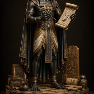 Op de afbeelding: Een donkerkleurig standbeeld van de Egyptische godheid Thoth met een ibiskop, gekleed in een blauw-gouden gestreepte hoofdtooi en een geplooide lendendoek. Het figuur houdt een griffel en een papyrusrol met hiërogliefen en een ibis-illustratie.