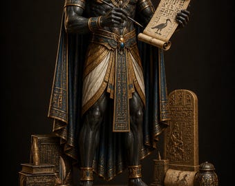 Könnte beinhalten: Eine dunkelhäutige Statue der ägyptischen Gottheit Thot mit Ibiskopf, die eine blau-gold gestreifte Kopfbedeckung und einen plissierten Schurz trägt. Die Figur hält einen Griffel und eine Papyrusrolle mit Hieroglyphen und einer Ibis-Abbildung.
