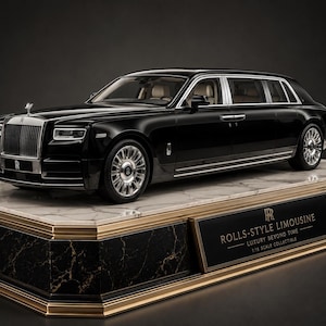 May include: A black 1:18 scale collectible limousine model with a silver grille and chrome wheels. The vehicle sits on a marble-patterned display base with a black plaque reading ROLLS-STYLE LIMOUSINE LUXURY BEYOND TIME 1:18 SCALE COLLECTIBLE.