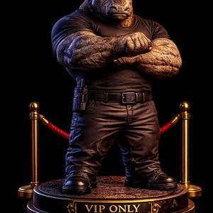 May include: A muscular rhinoceros figure wearing black sunglasses, a black t-shirt, and black pants with a belt. The figure stands on a circular base with a gold plaque that reads VIP ONLY, flanked by two gold stanchions with a red velvet rope.