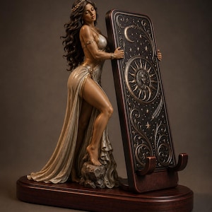 Peut inclure: Une figurine décorative représentant une silhouette vêtue d'une robe blanche fluide, debout à côté d'un grand support rectangulaire brun foncé. Le support est orné de sculptures célestes dorées, incluant un soleil, une lune et des étoiles.