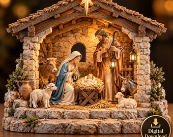 Könnte beinhalten: Eine Krippenfiguren-Szene mit einem Stall aus strukturierter Steinoptik und einem Stern an der Spitze. Sie enthält Figuren von Maria, Josef mit einer Laterne und dem Jesuskind in der Krippe, umgeben von einer Kuh, einem Esel und zwei Schafen.