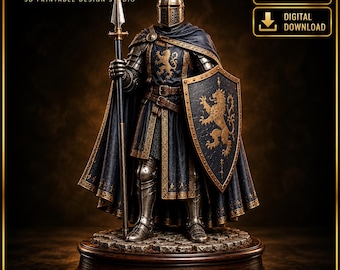 Könnte beinhalten: Eine 3D-druckbare STL-Datei als digitaler Download einer Ritterfigur auf einem runden Sockel. Der Ritter trägt eine dunkelblaue und goldene Rüstung mit Löwenemblem, einen passenden Umhang und einen Helm. Die Figur hält einen Speer und einen Schild.