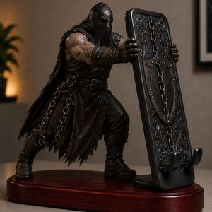 May include: A dark-toned figurine of a hooded warrior wearing armor and a belt, holding a tall, rectangular shield with ornate scrollwork and a central chain design. The figure stands on a smooth, dark red wooden base with two curved hooks.