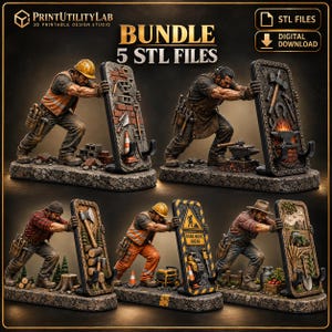 May include: A digital bundle of 5 STL files featuring miniature figures of workers pushing rectangular panels. The panels display various tools and themes including construction, blacksmithing, logging, road work, and farming.