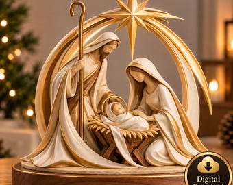 Könnte beinhalten: Eine Krippenfigur mit Darstellungen von Josef, Maria und dem Jesuskind in einer Krippe. Die Figuren sind in Creme- und Goldtönen gehalten und von einem goldenen Bogen mit Stern gekrönt. Ein rundes Abzeichen trägt die Aufschrift Digital Download.