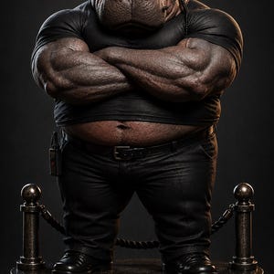 May include: A muscular anthropomorphic hippopotamus figure wearing a black t-shirt, black trousers with a belt, and a headset. The figure has crossed arms, a visible belly, and a small radio attached to the belt, standing on a circular base.