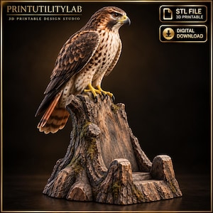 May include: A 3D printable STL file digital download featuring a hawk perched on a textured tree stump. The hawk has brown and white feathers with yellow talons. The tree stump base has a carved slot, and the image includes the text PRINTUTILITYLAB.