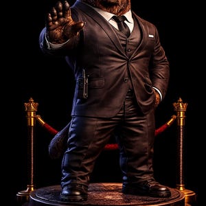 May include: A brown bear figurine dressed in a black suit, white shirt, and black tie, wearing dark sunglasses. The bear holds one paw up in a stop gesture. It stands on a circular base with a gold plaque reading VIP ONLY, flanked by two gold stanchions.