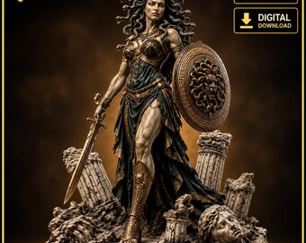May include: A 3D printable digital file of a Medusa figurine featuring a figure with snake hair, wearing dark green and gold armor, holding a sword and a shield with a face motif, standing among broken stone columns and debris.