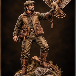 May include: A 3D printable digital file of a falconer figurine featuring a bearded individual in a flat cap, brown vest, and trousers, standing on a rocky base while holding a falcon with wings spread wide. The text PrintUtilityLab is visible.