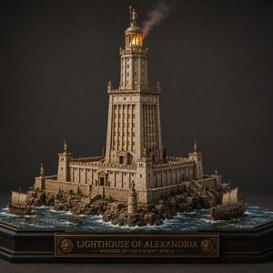 May include: A detailed scale model of the Lighthouse of Alexandria featuring a stone-colored tower on a rocky island base with two small wooden ships in the water. The base includes a plaque reading LIGHTHOUSE OF ALEXANDRIA WONDERS OF THE ANCIENT WORLD.