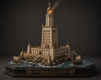 Könnte beinhalten: Ein detailliertes Modell des Leuchtturms von Alexandria mit einem steinfarbenen Turm auf einer felsigen Inselbasis und zwei kleinen Holzschiffen im Wasser. Die Basis enthält eine Plakette mit der Aufschrift LIGHTHOUSE OF ALEXANDRIA WONDERS OF THE ANCIENT WORLD.
