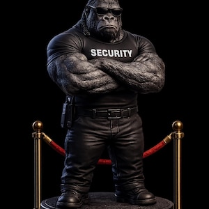 May include: A figurine of a muscular gorilla wearing black sunglasses and a black t-shirt with the word SECURITY printed in white. The gorilla has arms crossed, wears black pants with a belt, and stands on a circular base labeled VIP ONLY.