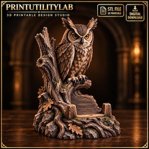 May include: A 3D printable STL file design of a brown owl perched on a textured tree stump. The base features a carved wooden slot intended to hold a mobile device, decorated with small oak leaves and mossy rock details. Text includes PRINTUTILITYLAB.