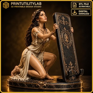 May include: A 3D printable STL file for a digital download featuring a kneeling figure in a draped gown holding a tall, rectangular black and gold stand. The stand has ornate filigree, a central circular medallion, and two curved hooks at the base.