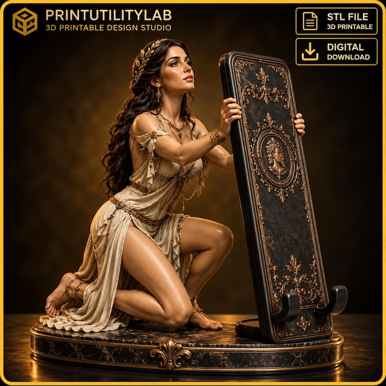 May include: A 3D printable STL file for a digital download featuring a kneeling figure in a draped gown holding a tall, rectangular black and gold stand. The stand has ornate filigree, a central circular medallion, and two curved hooks at the base.