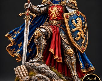 STL-Datei für königlichen Löwenritter – Mittelalterliche Fantasy-Kriegerminiatur, 3D-druckbare Königsstatue, Schwert-und-Schild-Figur, digitaler Download