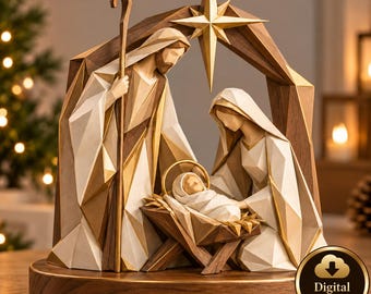 Könnte beinhalten: Eine geometrische Krippenskulptur mit drei Figuren in einer Holzkrippe unter einem goldenen Stern. Die Figuren sind in facettierten, kantigen Ebenen aus cremefarbenen und braunen Holztönen gestaltet. Ein Abzeichen zeigt Digital Download.