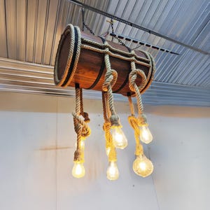 Wood drum pendant light wine barrel chandelier wood ceiling light beam rope hanging lampshade rustic dining room light decoration