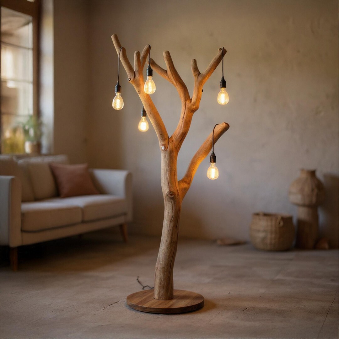 Round Lamp Tree Driftwood Floor Lamp Standing Light Modern Tree Branch Deco Lighting ...