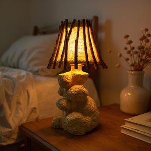 Burl wood table lamp bedside fabric lampshade vintage desk lamp handcrafted woven table light home decor