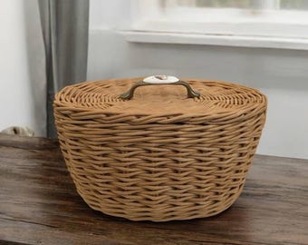 Cesto de armazenamento em vime trançado à mão com tampa, 28 x 15 x 16 cm: Organizador para pão, cozinha, banheiro e costura.