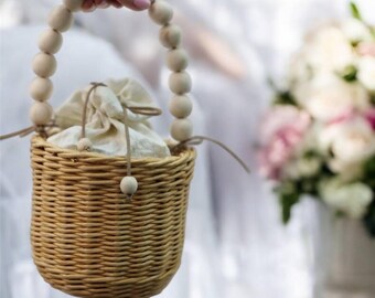 Handmade Wicker Basket Bag with Linen Cover and Wooden Bead Handle 7.4*6*11 in