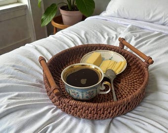 Handmade Round Wicker Tray with Wooden Handles - 11 in Serving Tray