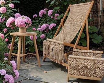 Folding Wooden Chaise Lounge And Bag Stand With Woven Macrame: Outdoor Furniture, Patio, Beach