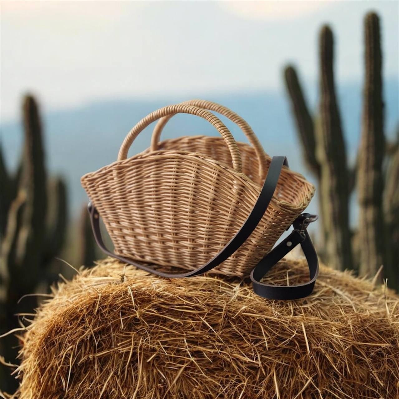 ハンドメイド編み込み籐かごバッグ、20×8×6インチ：花見、ピクニック