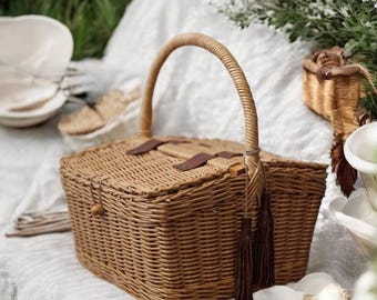 Handgemaakte rechthoekige rieten mand met deksel, 16 x 12 x 8 inch: picknickmand, strand, fruit, oogstmand