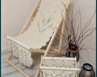 Chaise Lounge Macrame Deck Chair Wedding  Outdoor Sun Lounger Foldable Lounge Chair Sling Back Beach Chair Scalloped Edge